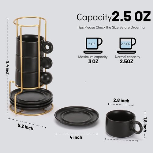 LURRIER Porcelain Espresso Cups Set - Stackable 3 Oz Ceramic Mugs with Saucer & Metal Stand | Black (Set of 4)