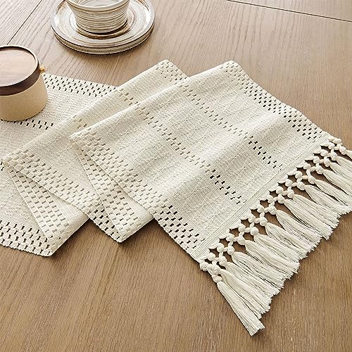 ZeeMart Ivory Macrame Style Boho Table Runner 12x36 Inch - Rustic Home Decor