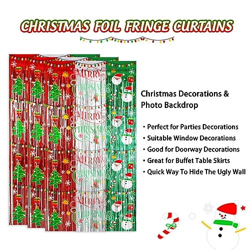 Avezano 3pc Christmas Foil Fringe Curtains 3.3x6.6ft Doorway Backdrop Set