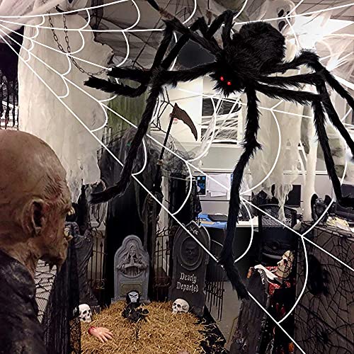 Giant 200" Halloween Spider Web with 59" Scary Spider Outdoor Decor