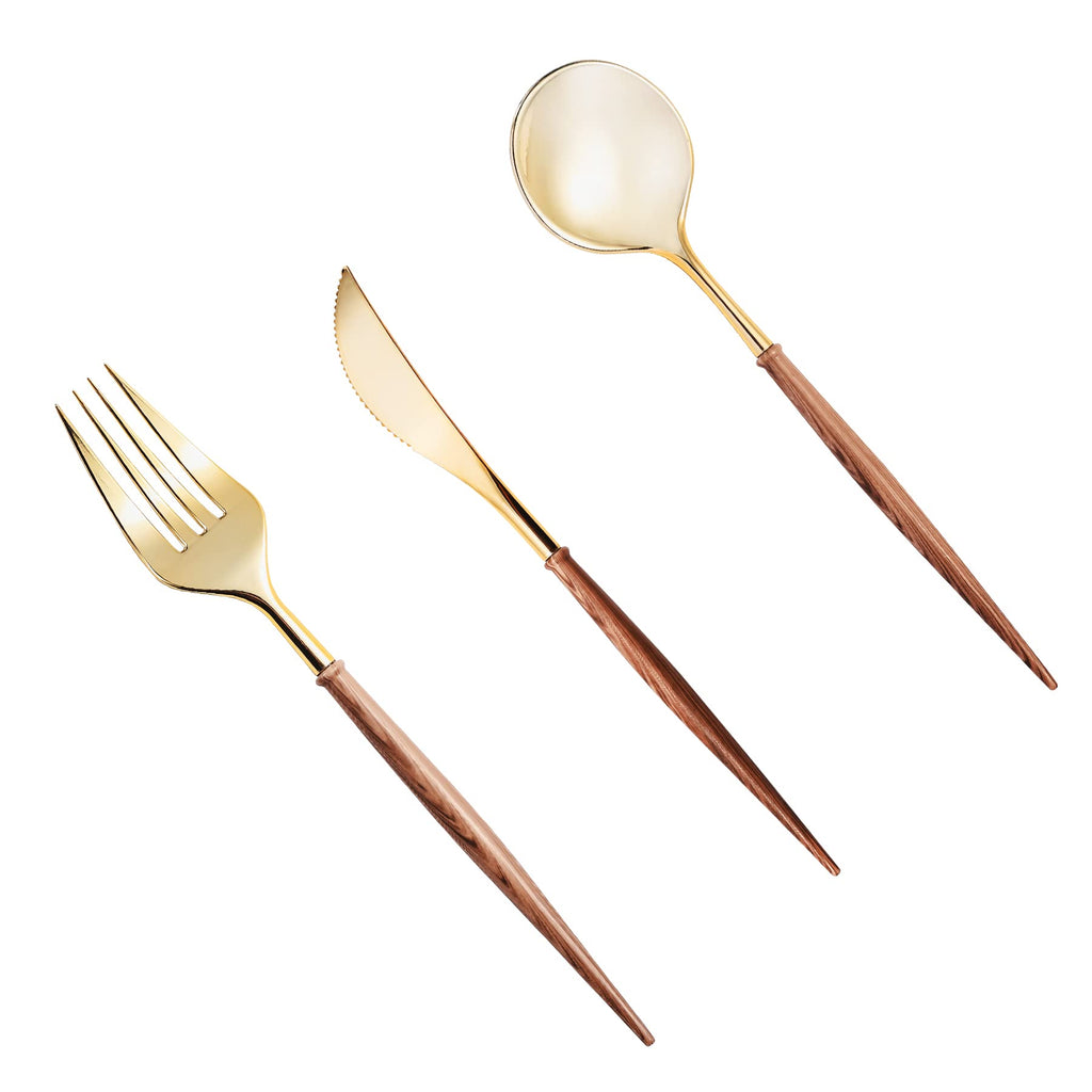 Lullaby 60pcs Gold Plastic Silverware, Gold Disposable Cutlery with Wood Grain Handle Include 20 Forks, 20 Spoons, 20 Knives, Elegant Disposable Silverware for Wedding, Party, Gathering, Daily Use