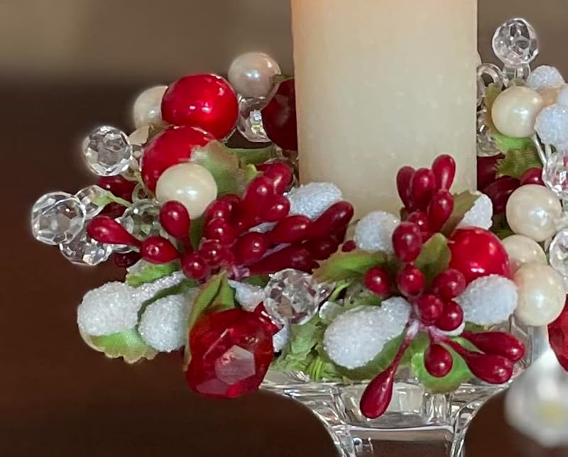 Crystal & Pearl Berry Candle Ring, 4in - Red, Cream & Glass-Coated Berries