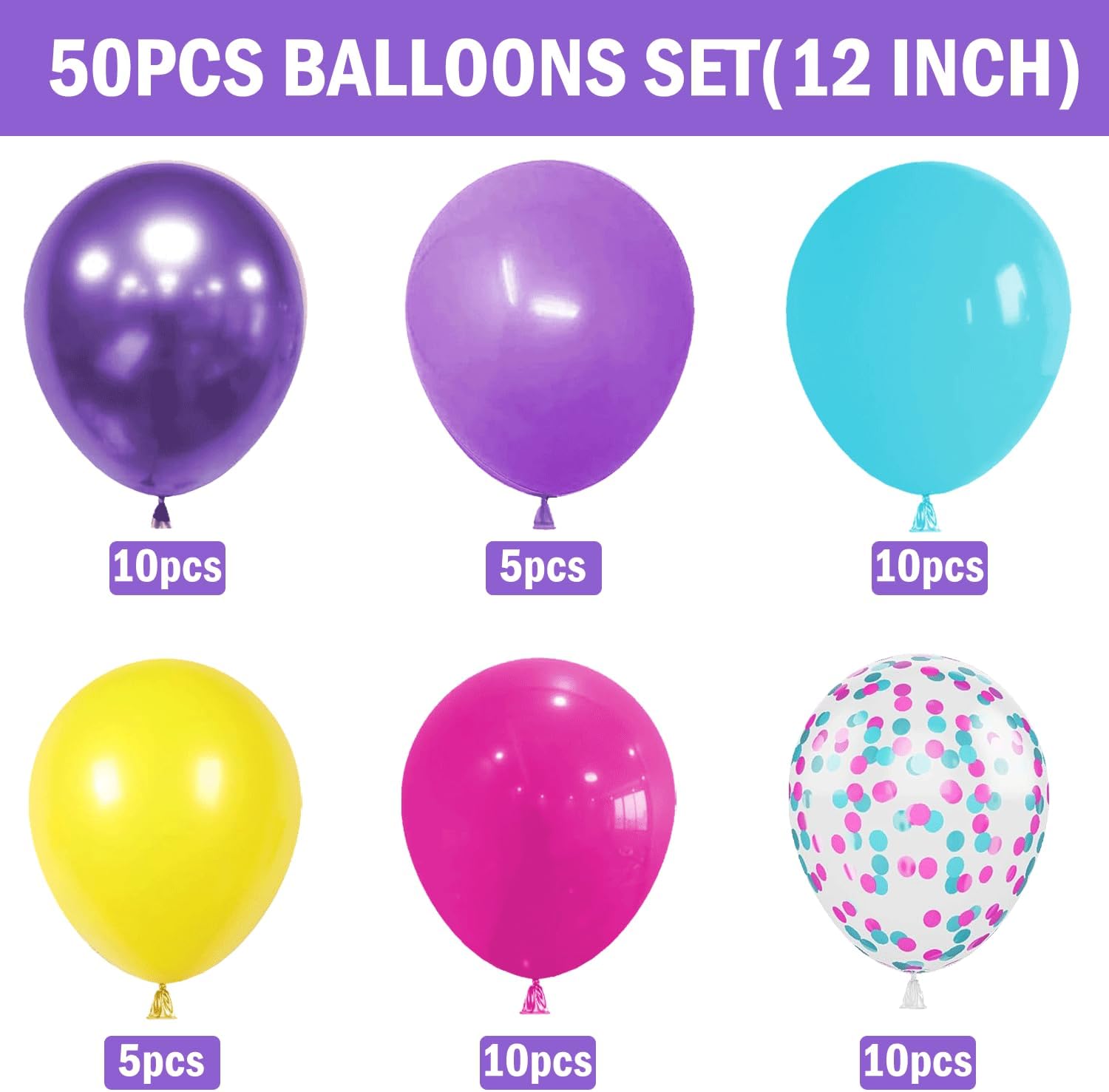 Skiennix 50 Pcs 12 Inch Hot Pink, Purple & Teal Balloons - Metallic Confetti for Birthday & Baby Shower Decor