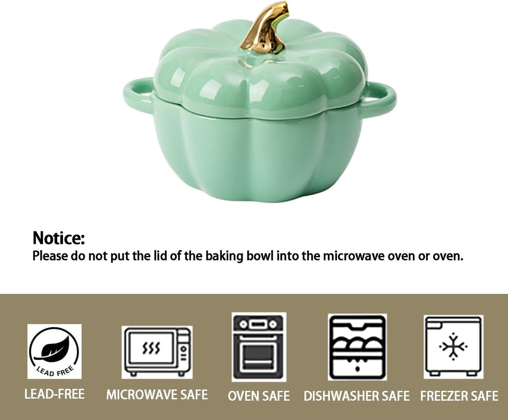 Skiennix Pumpkin Bowl Set - 14 Oz Ceramic Ramekins with Lid & Handle | Oven Safe Stoneware in Green