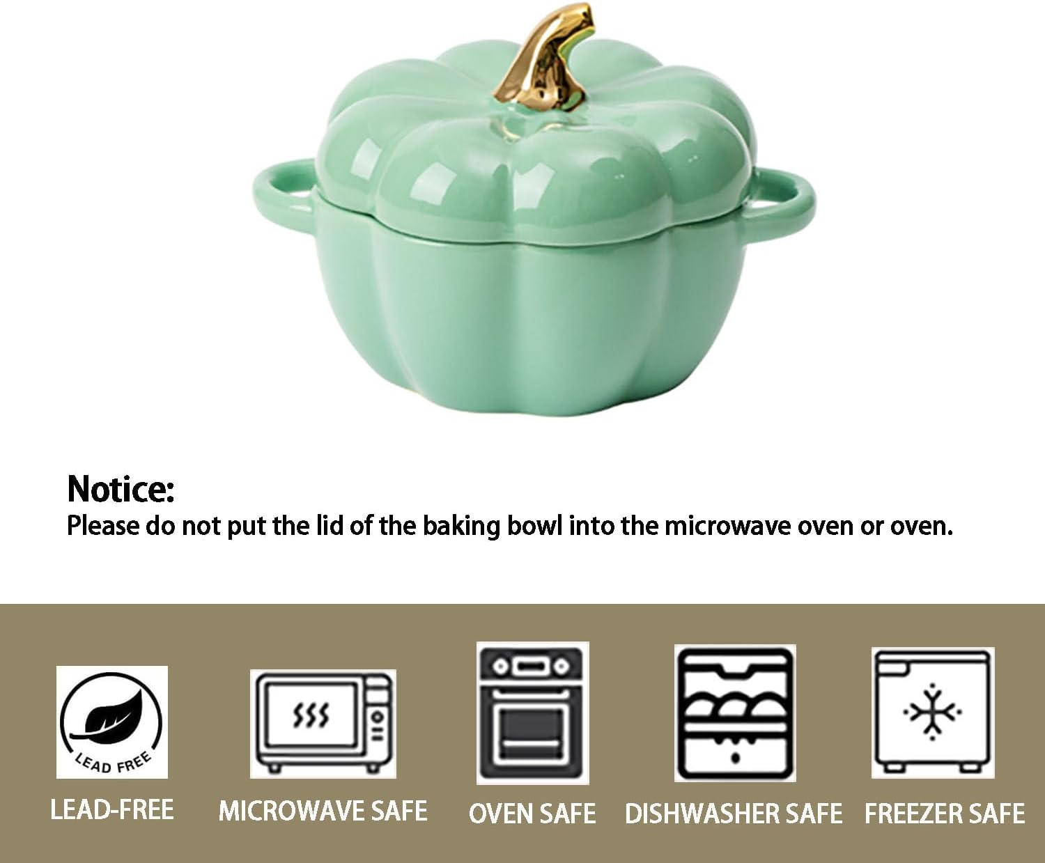 Skiennix Pumpkin Bowl Set - 14 Oz Ceramic Ramekins with Lid & Handle | Oven Safe Stoneware in Green