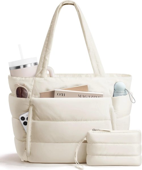 Bagstellar Puffer Tote Bag - Lightweight Quilted Handbag for Work & Travel | 15.6" Laptop & Tumbler Holder