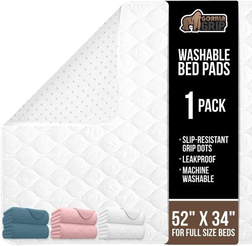 GORILLA GRIP Washable Underpads - Waterproof Reusable Incontinence Bed Pads, 52x34, Heavy Absorbency, White