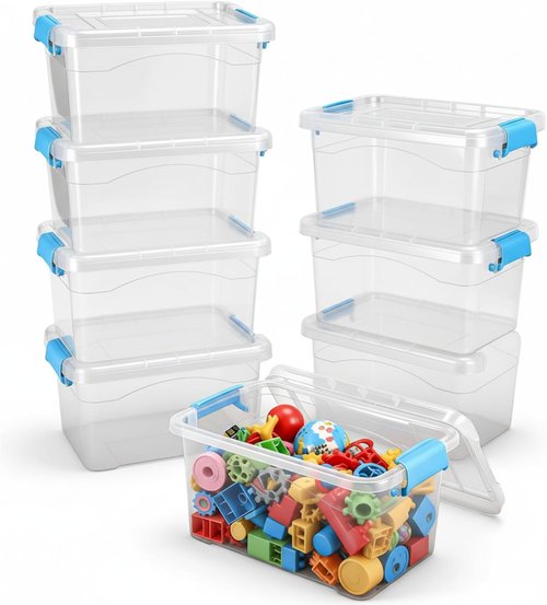 Jetec Clear Plastic Storage Container Bins - 8 Pack with Lids & Blue Handles, 6.5 Qt, Stackable Organizer for Home & Office