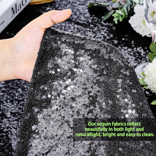 QueenDream Black Sequin Round Tablecloth 108 inch - Glitter Festive Table Cover