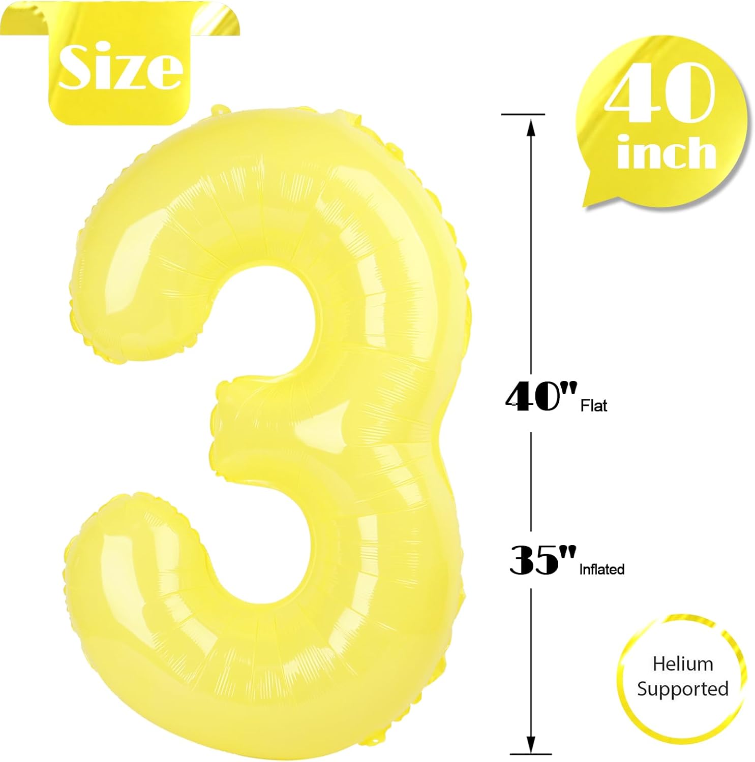 Yellow Number 3 Balloon - 40 Inch Birthday Celebration Decor for Kids & Adults | Perfect for 3rd Birthday Parties