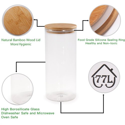 Glass Coffee Bean Container, 52.36 FL OZ (1550 ML), [Thickened Version] 77L Glass Food Storage Jar with Airtight Seal Bamboo Lid - Clear Food Storage Canister for Serving Tea, Coffee, Spice and More