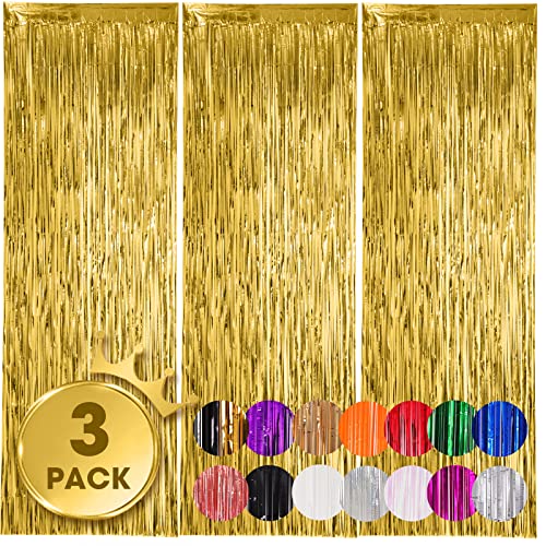 Gold Foil Fringe Backdrop Curtains 3 Pack - 3.3x8.2 Feet Tinsel Streamers