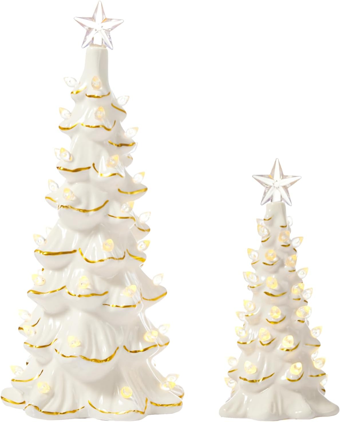 WDS WONDROUS Ceramic Christmas Tree Tabletop - Prelit White & Gold Accents | 2 Small Xmas Tree Figurines