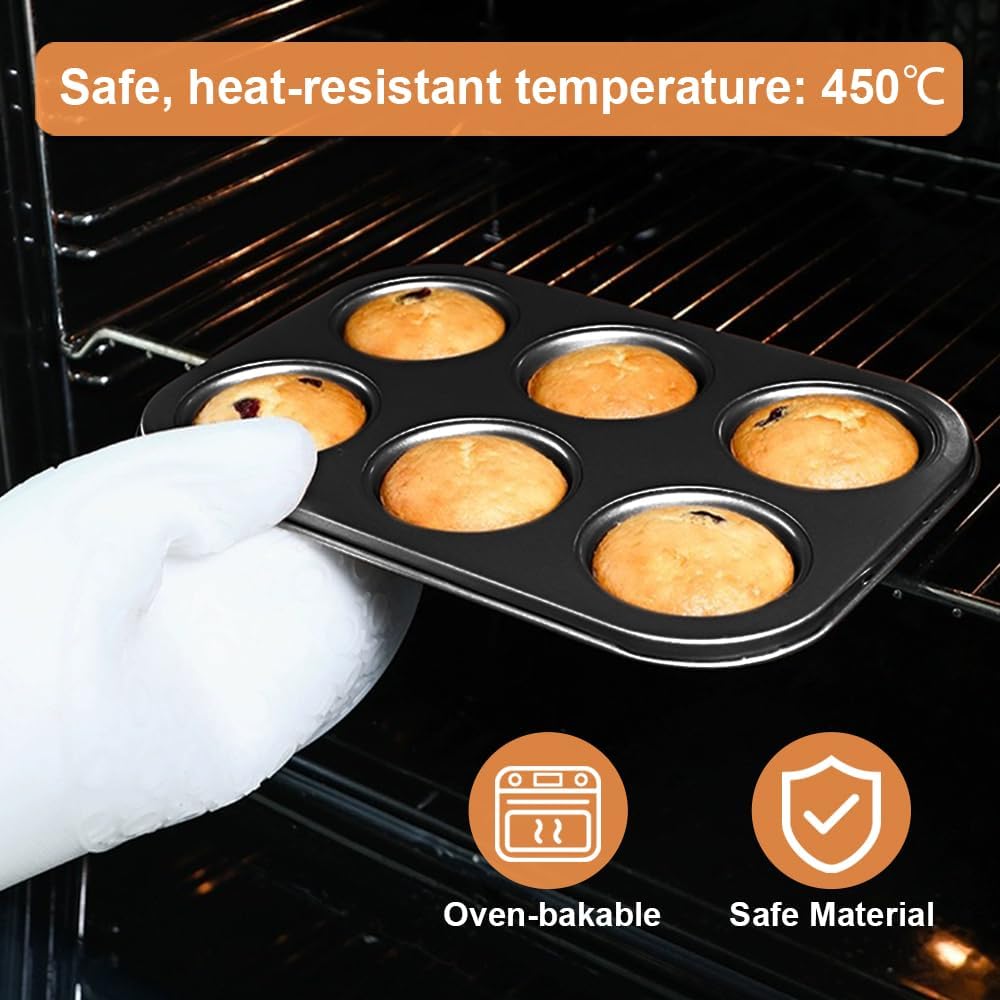 Premium Steel Muffin Pan by [Brand Name] - 2 Pack Round Baking Tray for Muffins & Cupcakes (Black, 6 Cup)