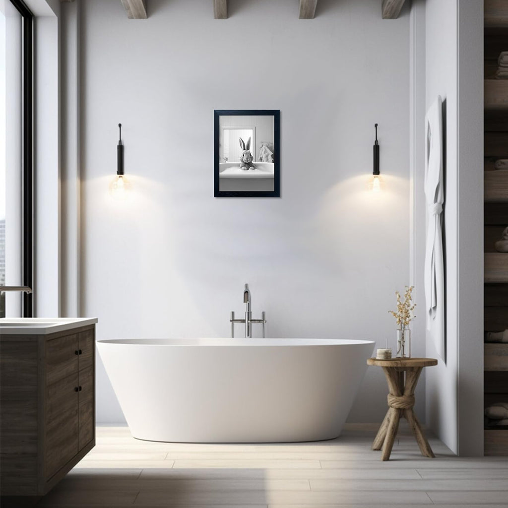 Regine Switzerland Kids Bathroom Decor - Cute Black and White Animal Canvas Wall Art | Funny Rabbit in Bathtub