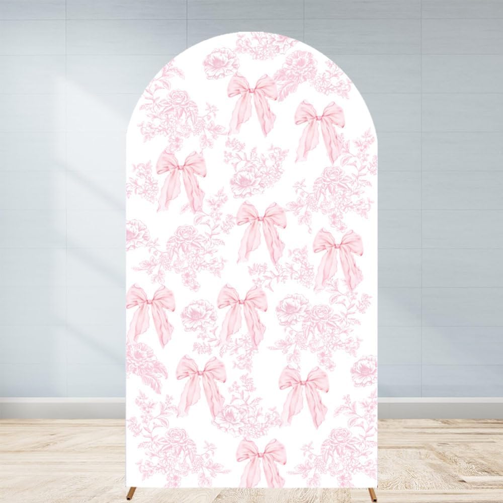 Pink Bow Floral Arch Backdrop - 7.2ft Stretchy Fitted Cover for Bridal Shower & Birthday Parties