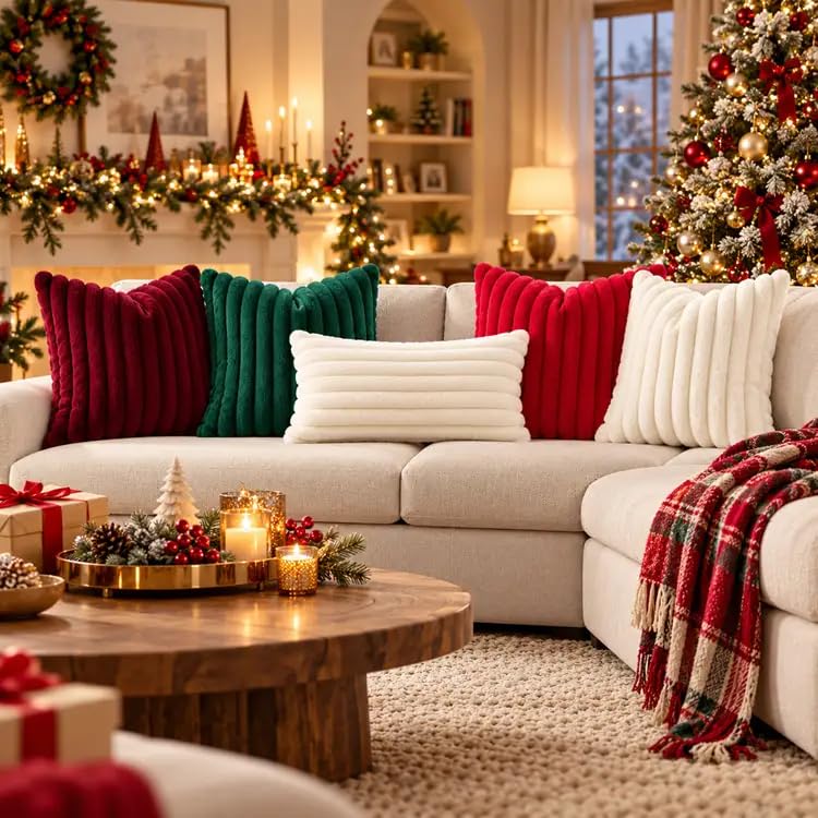 DecorUhome Faux Fur Throw Pillow Covers 26x26 in Green, Set of 2 - Christmas
