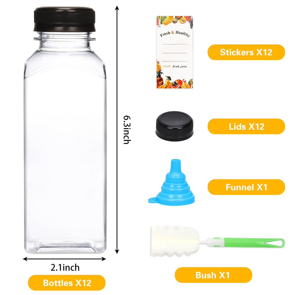 Moretoes 12pcs 12oz Plastic Juice Bottles with Caps, Clear Reusable Juicing Bottles, Empty Drink Containers with Lids for Juicing Smoothies and Other Beverages