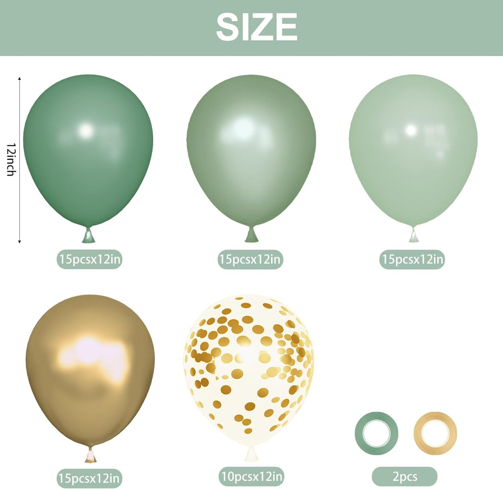Skiennix 72Pcs Sage Green Balloon Set - 12" Latex & Pearl Metallic Gold Balloons for Parties