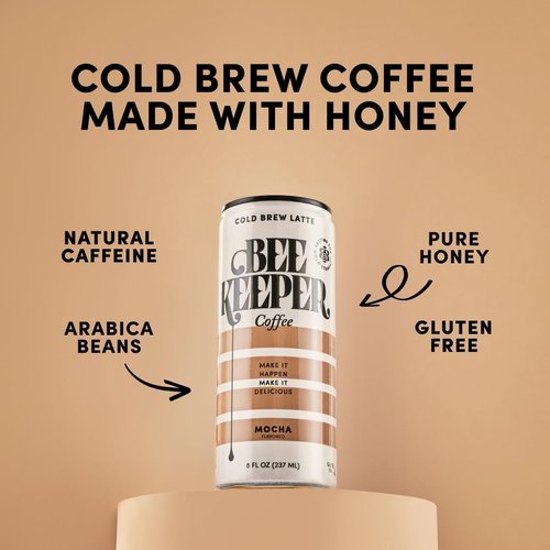 Beekeeper Mocha Latte Cold Brew Coffee Drinks with Oregon Honey | 12 Pack Refreshing Iced Coffee - Unsweetened & Strong Arabica Brew, 8 fl oz Ready-to-Drink Can - 180mg Natural Caffeine