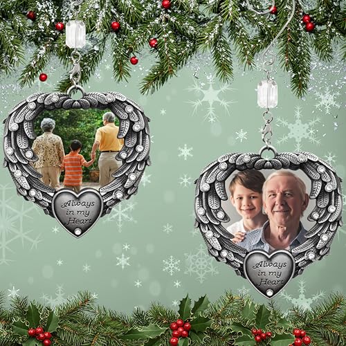 Memory Photo Ornaments 2 Pack - Angel Wings Memorial Christmas Keepsake - Personalised Sympathy Gift - 3.25" x 3.25"