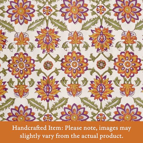 Lightweight Orange Cotton Bedspread - Hand Block Printed Floral Comforter 90x90 inches