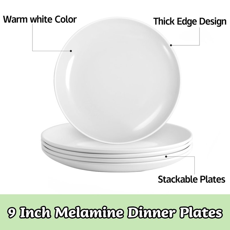 Tivcck 12 Pcs White Melamine Plates, 9 Inch Melamine Dinner Plates, Round Salad Plates, Reusable Dinnerware Dishes for Everyday Use, Indoor and Outdoor, Break-resistant