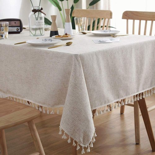 AMZALI Washable Cotton Linen Tablecloths Fabric Tassel Tablecloth Dust-Proof Table Cover for Kitchen Dinning Tabletop Home Decoration Everyday Use (Rectangle/Oblong, 55 x 102 Inch, Linen)