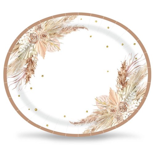 Aysimple 50PCS Boho Party Oval Paper Plates Large 10'' x 12'' Disposable Bohemian Party Platters, Pampas Grass Floral Design Heavy Duty Dish Tray for Baby Shower Birthday Wedding Event
