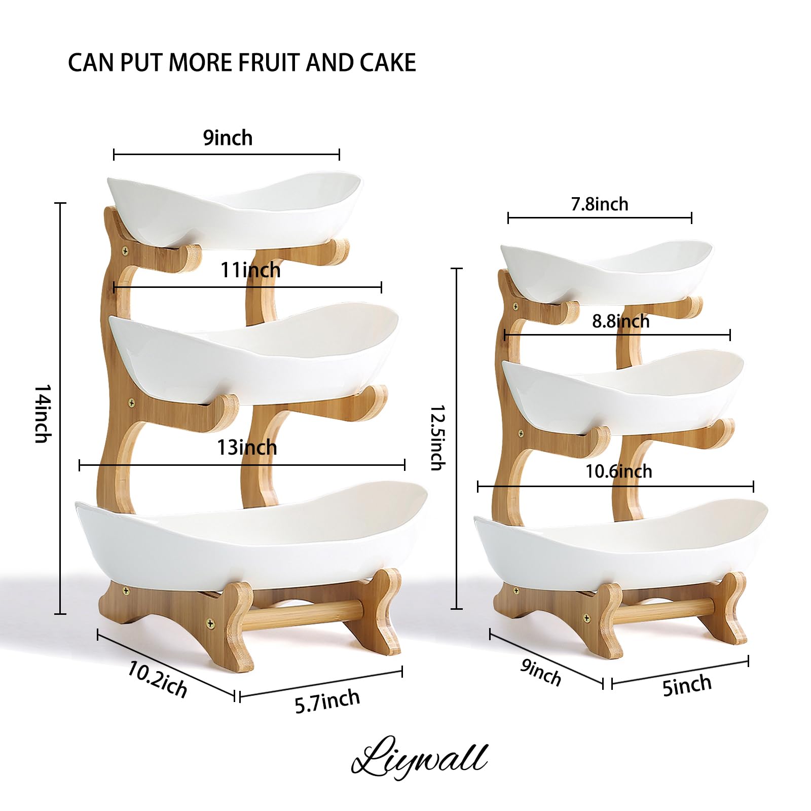 Liywall - Large 3 Tier Ceramic Fruit Bowl With Bamboo Wood Stand for Kitchen Counter,Porcelain Fruit Basket for Fruit Storage,Snack Dessert Cake Tray Plate Rack for Party Wedding - Big White