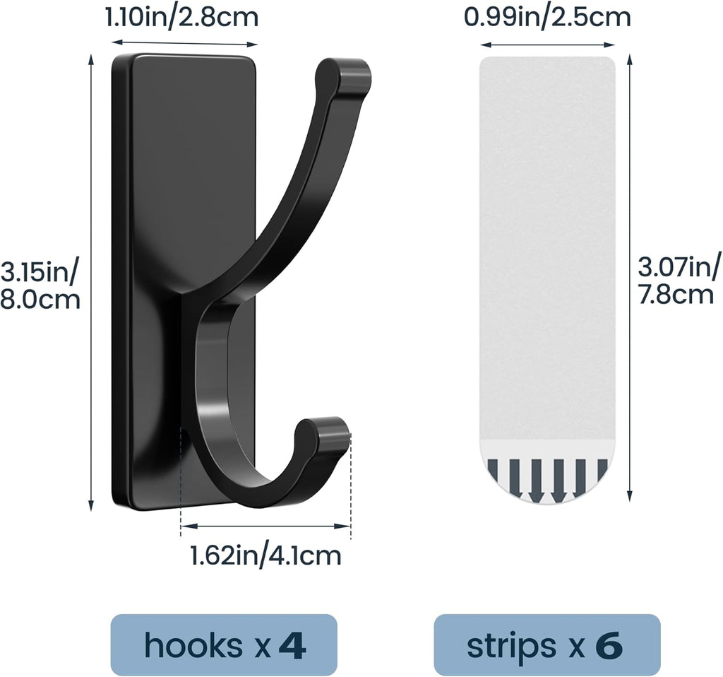 Pickpiff Adhesive Wall Hooks - No Residue, Easy Removal, Heavy-Duty Towel Hooks | 4 Pack Black