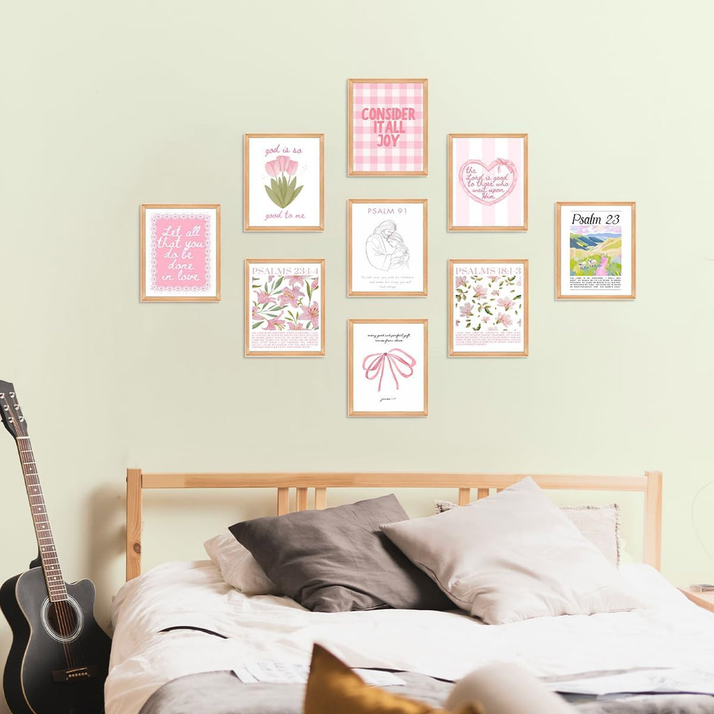 Skiennix 9-Piece Pink Christian Wall Art Set - Trendy Bible Verses & Psalms Decor | 8x10 Inch Prints for Girls' Rooms