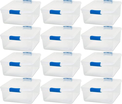HOMZ Clear Plastic Storage Organizer Bins - 12-Pack 15.5 Quart Stackable Containers in Blue for Home & Office