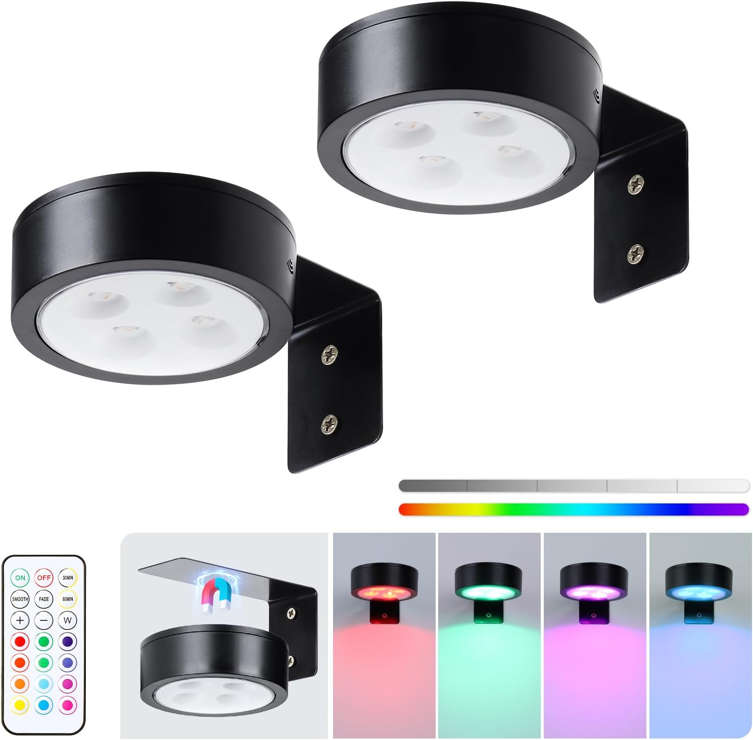 Skiennix 2-Pack Wireless Battery Operated Painting Light - RGB Remote Control Art Display, Dimmable Black