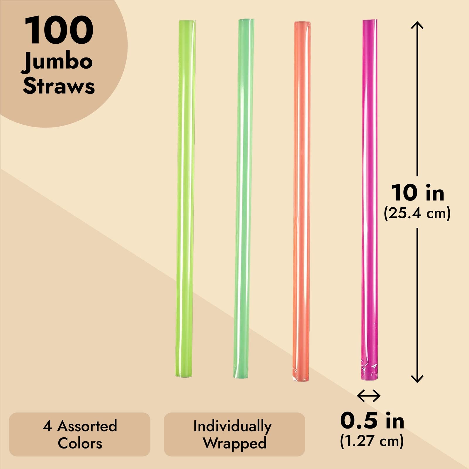 Juvale Smoothie Straws - 100 Count, Multicolor, 10-Inch Length & 0.5-Inch Diameter - Jumbo Straws for Smoothies & Milkshakes - Disposable & Individually Wrapped - Durable Wide Plastic Design