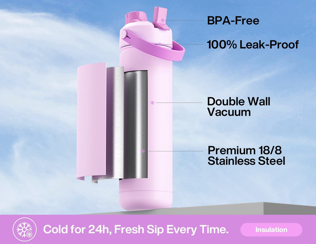 POWCAN 26 oz Insulated Water Bottle - 2-in-1 Straw & Spout Lid, Keeps Drinks Cold 24H | Cherry Pop