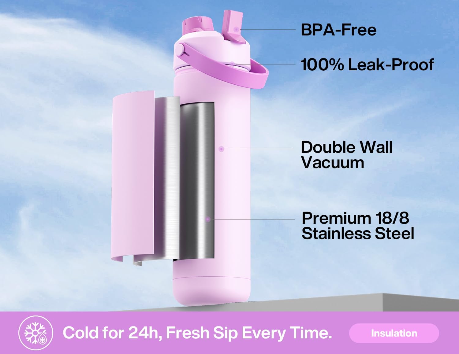 POWCAN 26 oz Insulated Water Bottle - 2-in-1 Straw & Spout Lid, Keeps Drinks Cold 24H | Cherry Pop