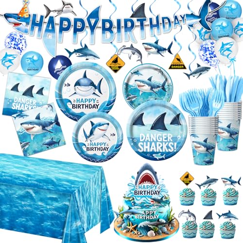 157-Piece Shark Birthday Party Decorations Set with Tableware and Balloons