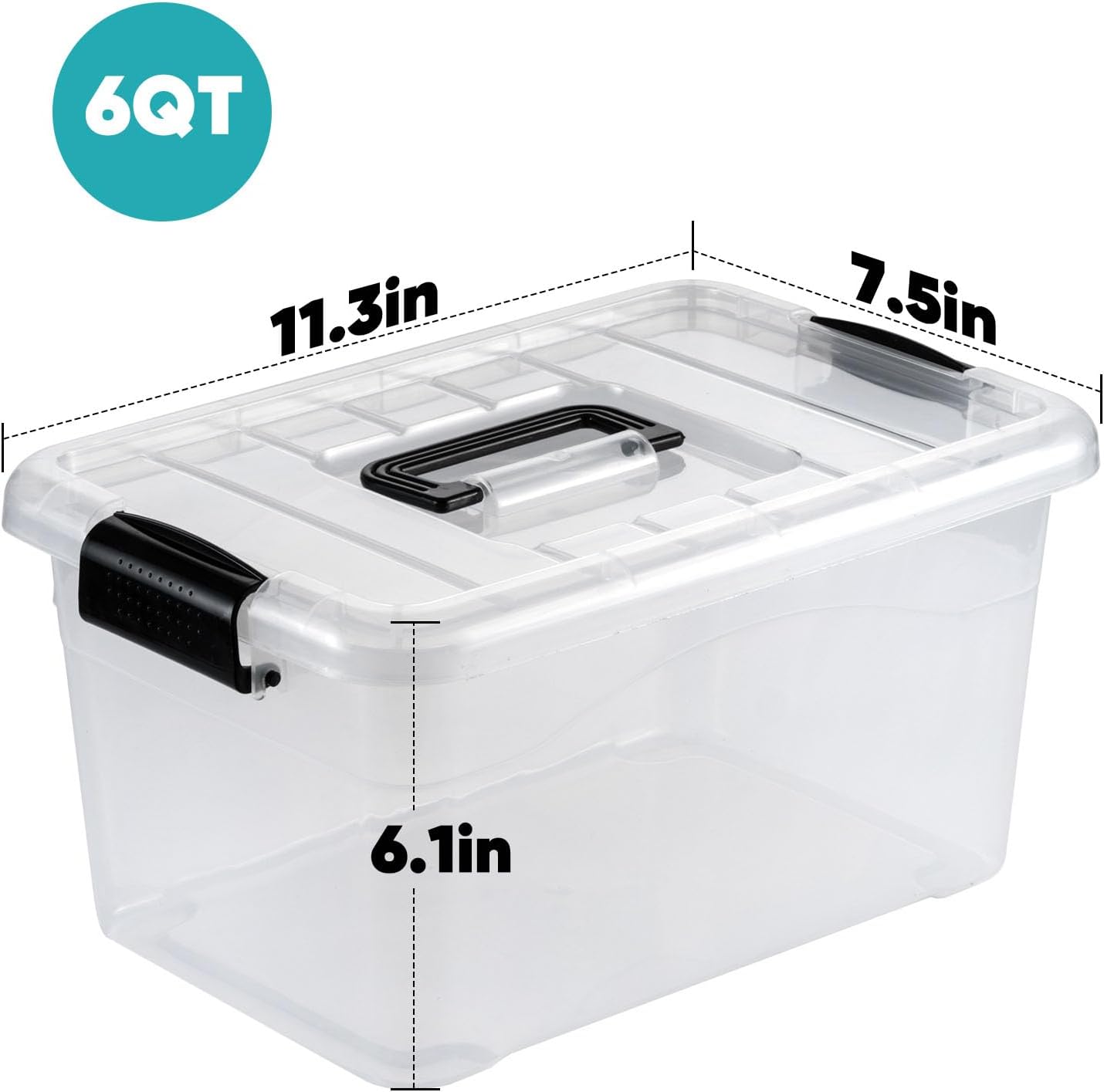 Nazhura Storage Bins - Stackable Plastic Containers with White Lids & Latching Buckles | Large 6QT, 12-Pack