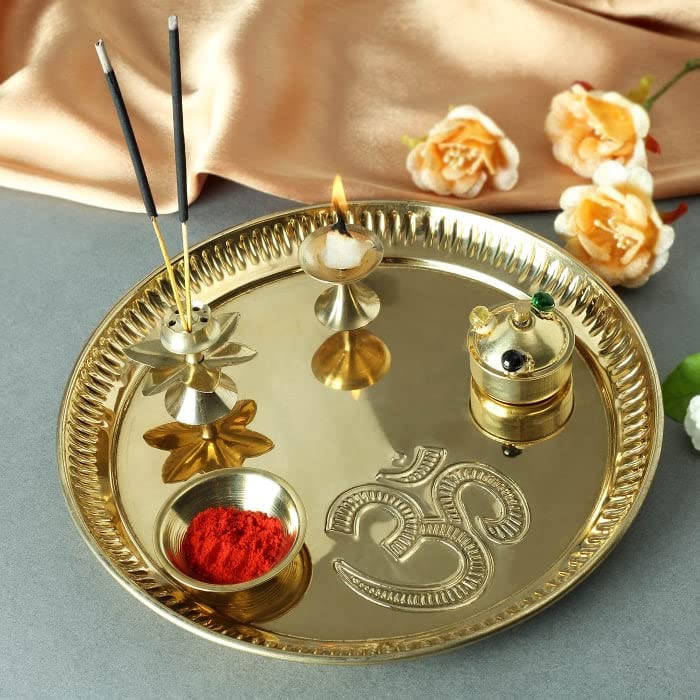 8-Inch Brass Pooja Thali Set for Religious Rites and Festive Gifting