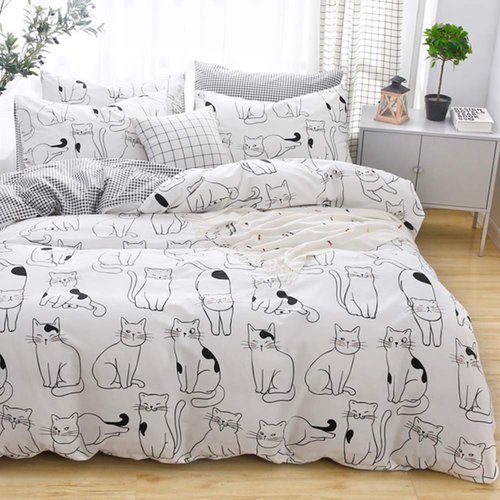 LAYENJOY Cats Duvet Cover Set Queen, 100% Cotton Bedding, Various Cartoon Cats Pattern Printed on White Reversible Black Plaid, 1 Comforter Cover Full and 2 Pillowcases for Kids Teens Boys Girls