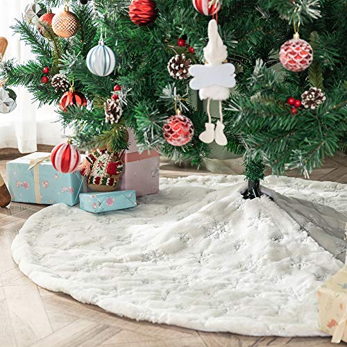 AtiMing White Plush Christmas Tree Skirt 30 Inches Snow White Fur with Silver Sequin Snowflakes