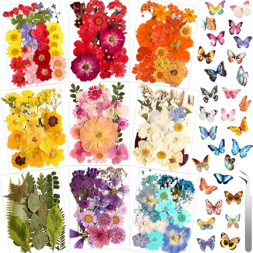 318 PCS Dried Pressed Flowers and Butterfly Stickers Set for DIY Crafts