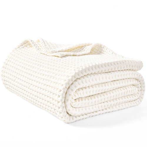 PHF 400GSM 100% Washed Cotton Waffle Weave Blanket, Cozy Breathable Skin-Friendly Throw King Size for All Season, Luxury Fall Layer for Couch Bed Sofa, Elegant Home Decor, Coconut White,104"x90"