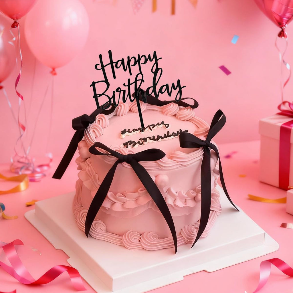 Skiennix Black Satin Cake Bows - 11 Pcs Coquette Bow Toppers with Happy Birthday Sign | Perfect for Birthdays, Baby Showers, Weddings