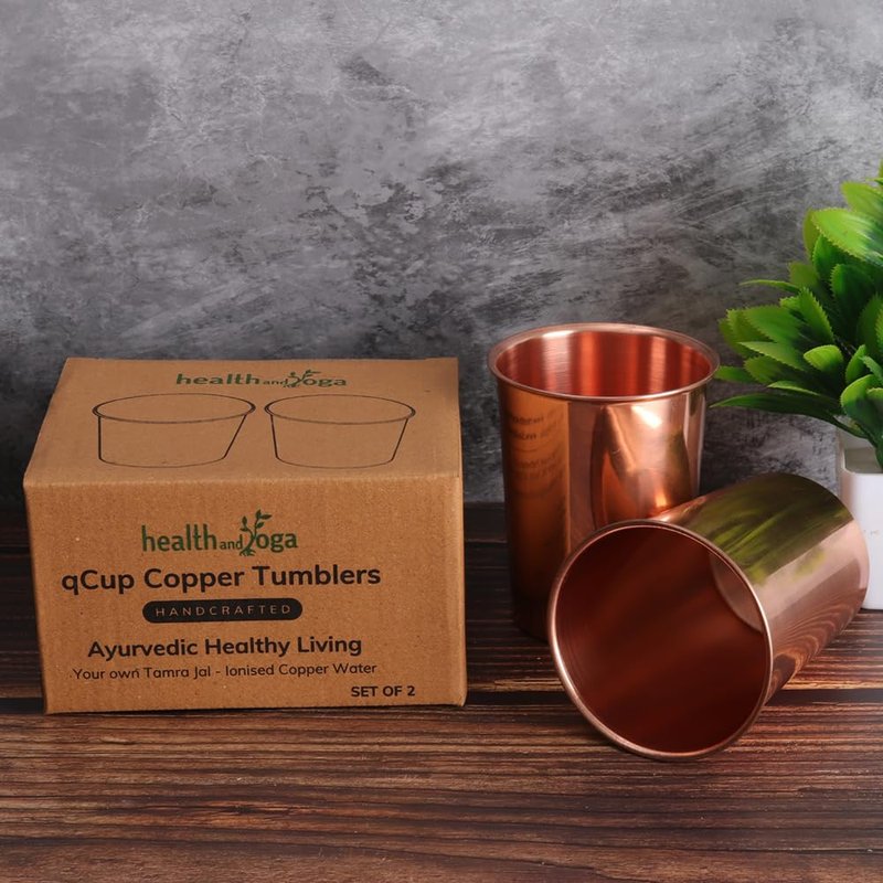 HealthAndYoga™ qCup Pure Copper Tumblers for Drinking - Ayurvedic Health Pure Copper Cups – 2 pcs. set - 250 ml.(8 fl oz) (Plain)