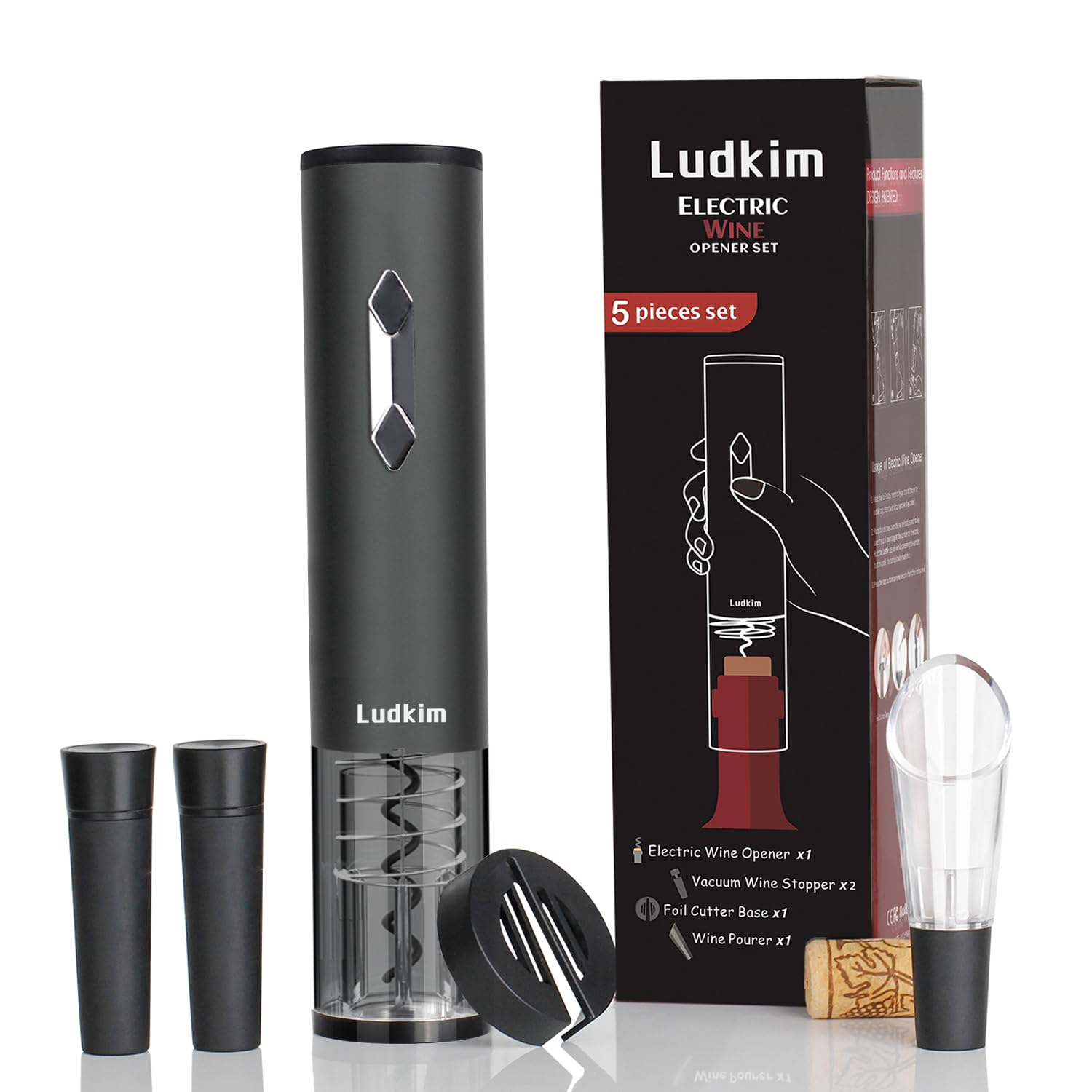 5-in-1 Electric Wine Opener Set with Foil Cutter | Automatic Corkscrew Kit Includes Wine Aerator Pourer & 2 Vacuum Stoppers | Ultimate Cordless Wine Bottle Opener Gift Set