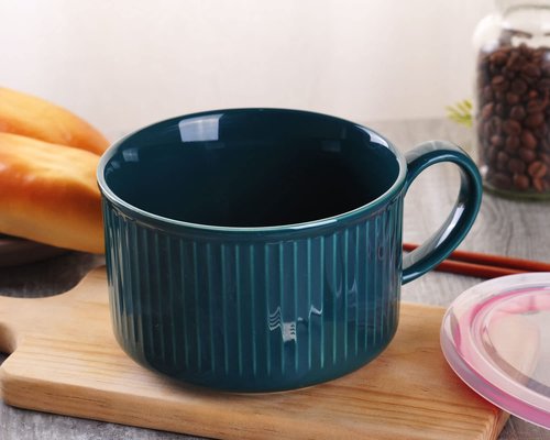 WHJY 30oz Ceramic Bowl with Lid and Handle for Soup and Instant Noodles Soup Mug, Modern Simple Style, with Heat Preservation Handle - Dark green