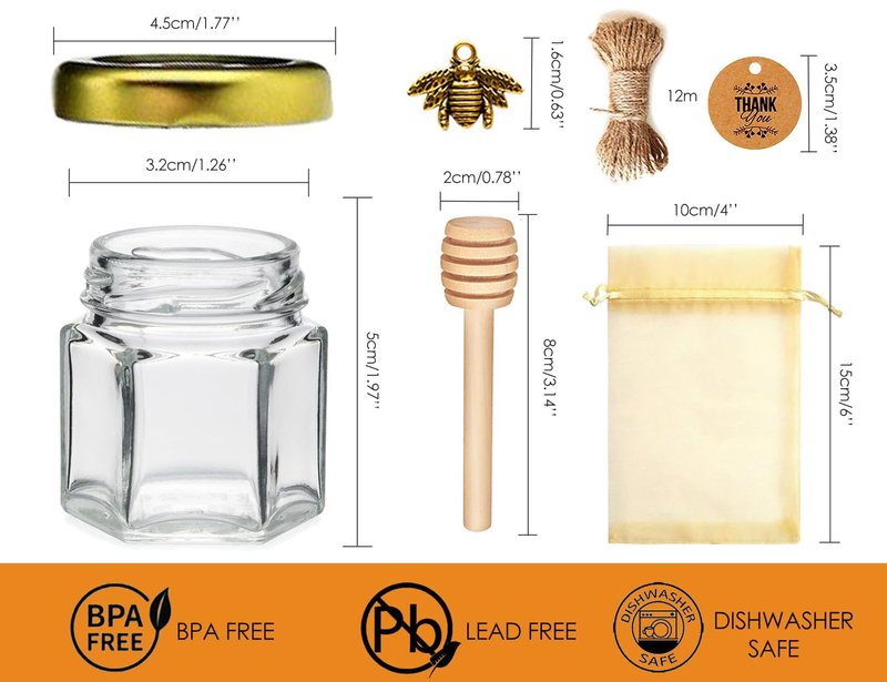 Adabocute Mini Honey Jars - Hexagon Little Glass Honey Jar with Gold Lids, Wooden Dippers, Bee Charms and Jutes - Small Honey Jars for Baby Showers, 20Pack
