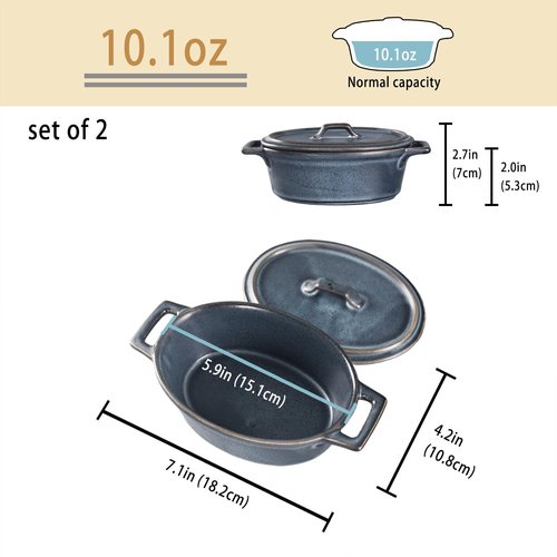 Ceramic Mini Oval Cocotte Set - 10 Oz Small Casserole Dishes with Lids | Set of 2, Blue, Oven & Microwave Safe